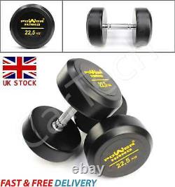 22,5 KG Pair Round Rubber Encased Iron Cast Dumbbells Weights Home Gym Fitness