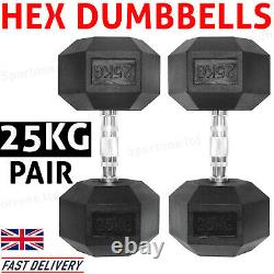 25kg Dumbells Pair Cast Iron Hexagonal Rubberized Dumbbells Fixed Weight Set Uk