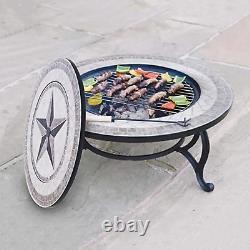 3 in 1 Fire Pit Bowl, BBQ & Star Tiled Coffee Table 76cm Outdoor Garden Patio
