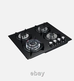 4-Burner Gas Cooktop Glass Hob LPG Stove with Cast Iron Pan Stands 59x51cm