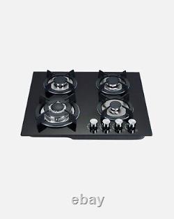 4-Burner Gas Cooktop Glass Hob LPG Stove with Cast Iron Pan Stands 59x51cm