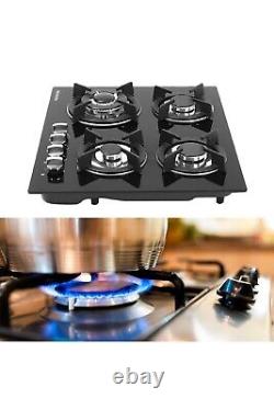 4-Burner Gas Cooktop Glass Hob LPG Stove with Cast Iron Pan Stands 59x51cm