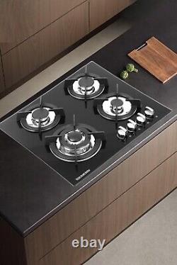 4-Burner Gas Cooktop Glass Hob LPG Stove with Cast Iron Pan Stands 59x51cm