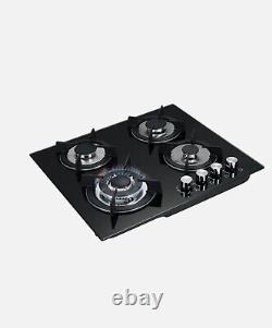 4-Burner Gas Cooktop Glass Hob LPG Stove with Cast Iron Pan Stands 59x51cm