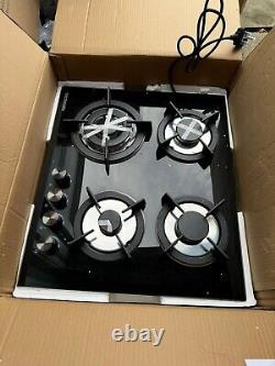 4-Burner Gas Cooktop Glass Hob LPG Stove with Cast Iron Pan Stands 59x51cm