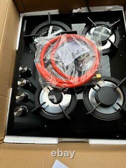 4-Burner Gas Cooktop Glass Hob LPG Stove with Cast Iron Pan Stands 59x51cm