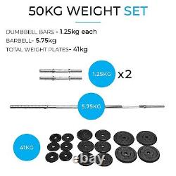 50KG Dumbbell & Barbell Weight Set Cast Iron Carry Case Body Building Lifting