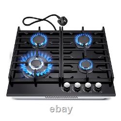 60 cm Gas Hob 4Burners Black Glass Built in Gas Cooktop Cast Iron Support NG/LPG