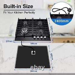 60 cm Gas Hob 4Burners Black Glass Built in Gas Cooktop Cast Iron Support NG/LPG