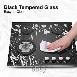 60 cm Gas Hob 4Burners Black Glass Built in Gas Cooktop Cast Iron Support NG/LPG