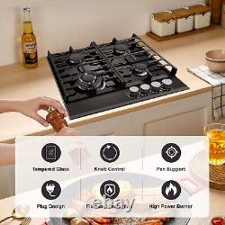 60 cm Gas Hob 4Burners Black Glass Built in Gas Cooktop Cast Iron Support NG/LPG