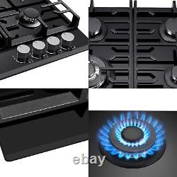 60 cm Gas Hob 4Burners Black Glass Built in Gas Cooktop Cast Iron Support NG/LPG