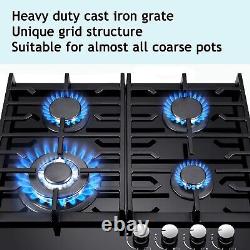 60 cm Gas Hob 4Burners Black Glass Built in Gas Cooktop Cast Iron Support NG/LPG