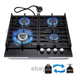 60 cm Gas Hob 4Burners Black Glass Built in Gas Cooktop Cast Iron Support NG/LPG