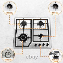 60cm Gas Hob 4 Burner Stainless Steel Built in Gas Cooktop Cast Iron Support LPG