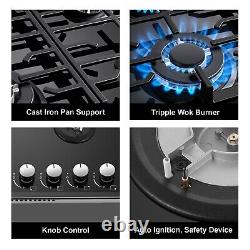 60cm Gas Hob 4 Burners Black Glass Built in Gas Cooktop Cast Iron Support NG/LPG