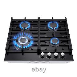 60cm Gas Hob 4 Burners Black Glass Built in Gas Cooktop Cast Iron Support NG/LPG