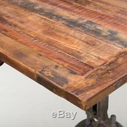 82 L Industrial design dining crank table iron base legs antiqued teak wood top