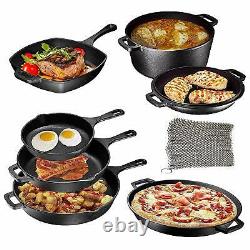 Bruntmor Cast Iron 8 PC Cookware Set Pizza Pan 3 Skillets Dutch Oven Grill Pan