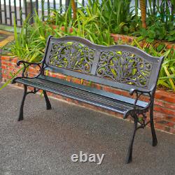 Cast Iron Garden Bench Flower 2 Seater Porch Patio Park Chair Seat Outdoor Relax