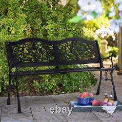 Cast Iron Garden Bench Flower 2 Seater Porch Patio Park Chair Seat Outdoor Relax