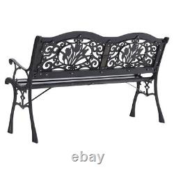 Cast Iron Garden Bench Flower 2 Seater Porch Patio Park Chair Seat Outdoor Relax