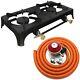 Cast Iron Two Burner Stove Boiling Gas Ring Clip On Lpg Regulator 2m Hose Clips