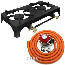 Cast Iron Two Burner Stove Boiling Gas Ring Clip On Lpg Regulator 2m Hose Clips