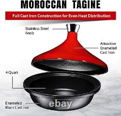 Fire Red Cast Iron Moroccan Tagine 4-Quart Cooking Pot with Silver Knob, Enamele