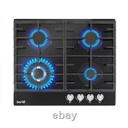 Gas Hob, 60cm, 4 Burner and Cast Iron Pan Supports Black Glass