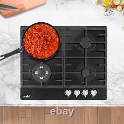 Gas Hob, 60cm, 4 Burner and Cast Iron Pan Supports Black Glass