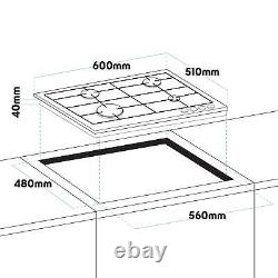 Gas Hob, 60cm, 4 Burner and Cast Iron Pan Supports Black Glass