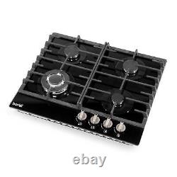 Gas Hob, 60cm, 4 Burner and Cast Iron Pan Supports Black Glass