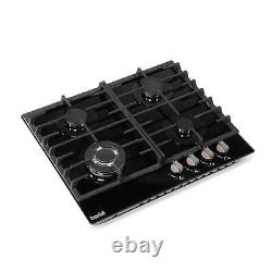 Gas Hob, 60cm, 4 Burner and Cast Iron Pan Supports Black Glass