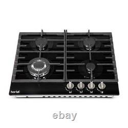 Gas Hob, 60cm, 4 Burner and Cast Iron Pan Supports Black Glass