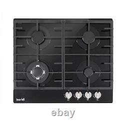 Gas Hob, 60cm, 4 Burner and Cast Iron Pan Supports Black Glass