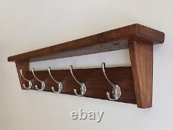 Handmade Oak Coat Rack Shelf Natural Solid Wooden Entryway with Cast Iron Hooks