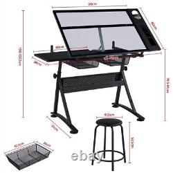 Height Adjustable Glass Drafting, Tilting Drawing DeskTable with Stool 2 Drawers