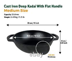 Indien Handmade Cast Iron Kadai Wok For Cooking and deep Frying Flat Handle 10'