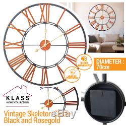 Large Skeleton Home Garden Wall Clock Roman Numeral Open Face Modern Metal Round
