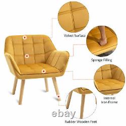 Luxe Velvet-Feel Accent Chair with Wide Arms Slanted Back Padding Wood Legs Yellow