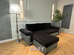 NEW Corner Sofa Bed with Storage, Black Fabric + Grey Leather. Very COMFORTABLE