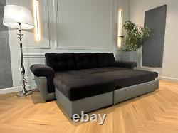 NEW Corner Sofa Bed with Storage, Black Fabric + Grey Leather. Very COMFORTABLE