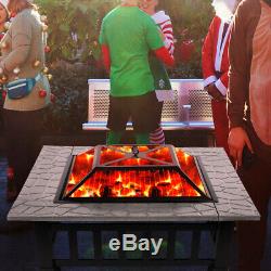 Outdoor Fire Pit BBQ Firepit Garden Square Table Stove Patio Heater & Mesh Lid