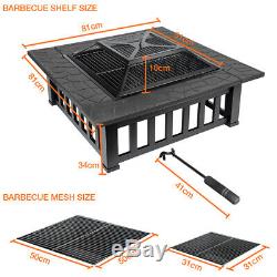 Outdoor Large Fire Pit BBQ Garden Square Table Stove Patio Heater & Grill Shelf
