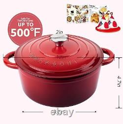 Overmont 5L Enamelled Cast Iron Round Casserole Dish With Lid, 26cm, Cookbook -N