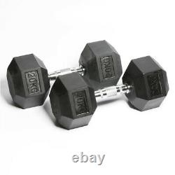 Pair of Hex Dumbbells (2 x 20kg) Black Cast Iron Rubber Coated Weights Home Gym