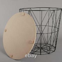 Retro Black Metal Wire Round Wood Top Storage Side Table Basket Home Furniture