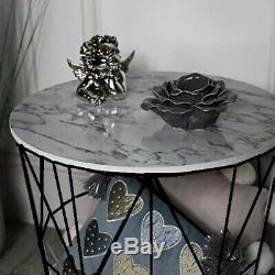 Retro Black Metal Wire White Marble Top Storage Side Table Basket Home Furniture