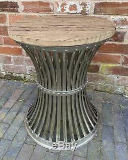 Round Side Table Industrial Vintage Rustic Reclaimed Wood Silver Iron Base